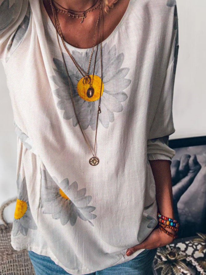 Women's Floral Print Cotton-Linen Blend T-Shirt
