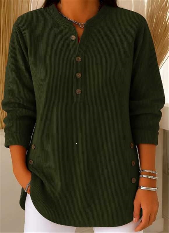 Corduroy V-Neck Button Long-Sleeve Loose Casual Top