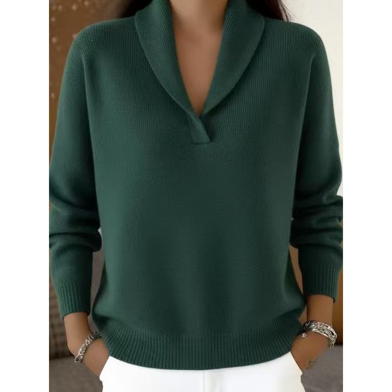 V-Neck Long Sleeve Knit Pullover Loose Solid Color Top