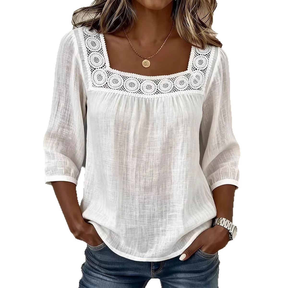 Women's Summer Square Neck Lace Trim 3/4 Sleeve Cotton Linen Top