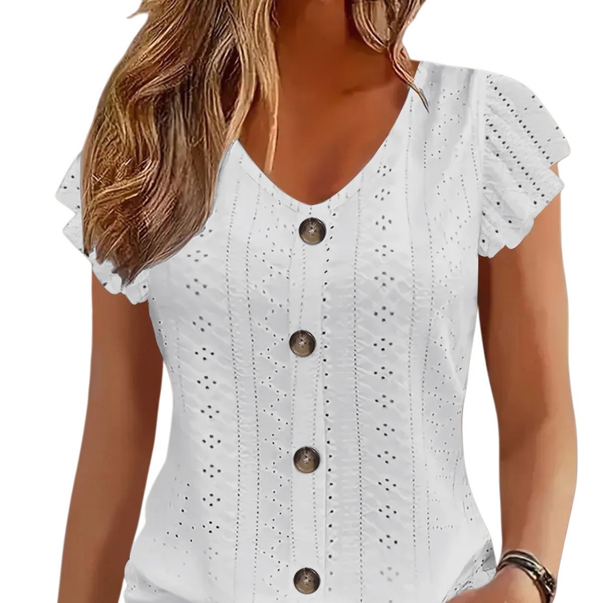 Women's Casual Solid Ruffle Sleeve V-Neck T-Shirt