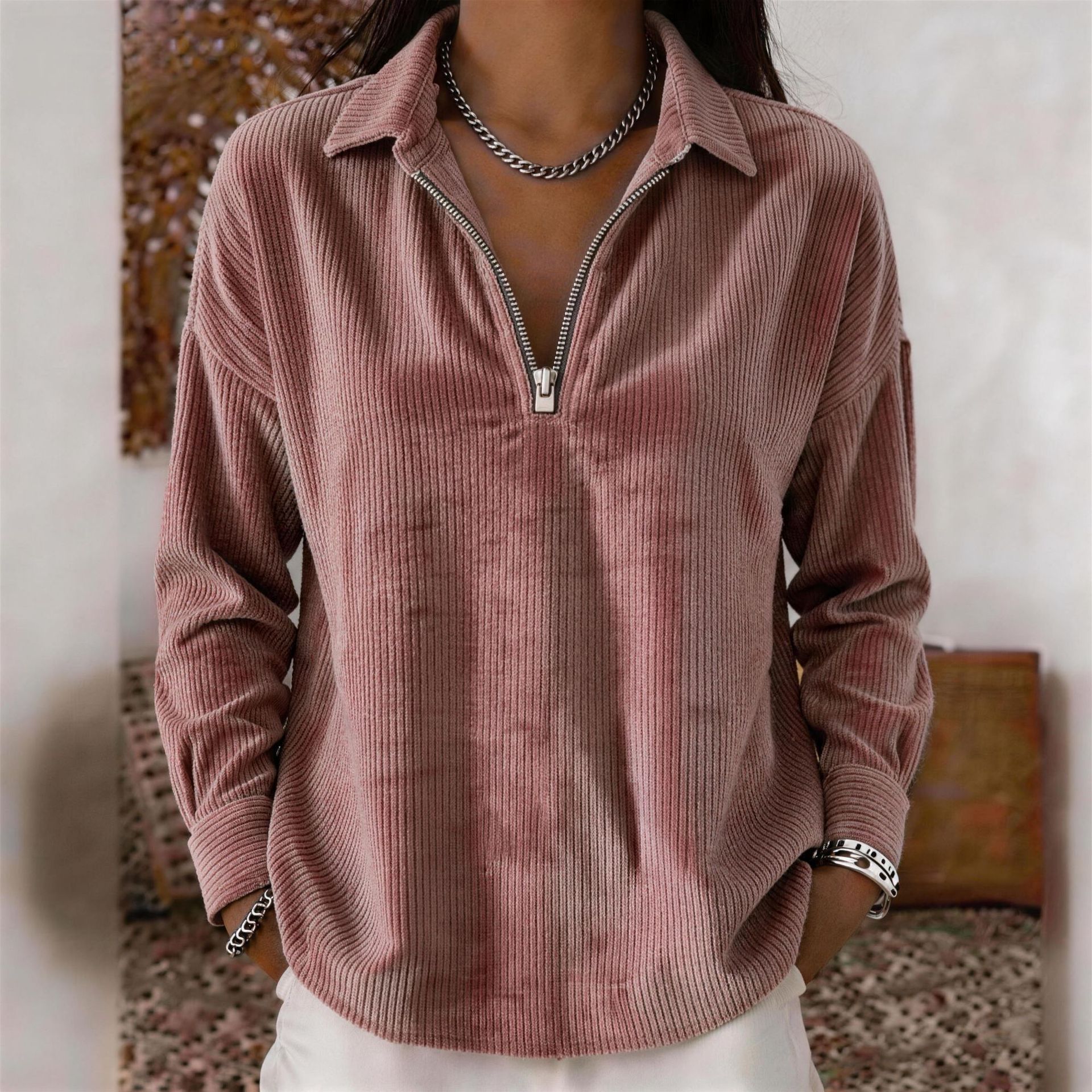 Corduroy Long-Sleeve Loose Collared Top