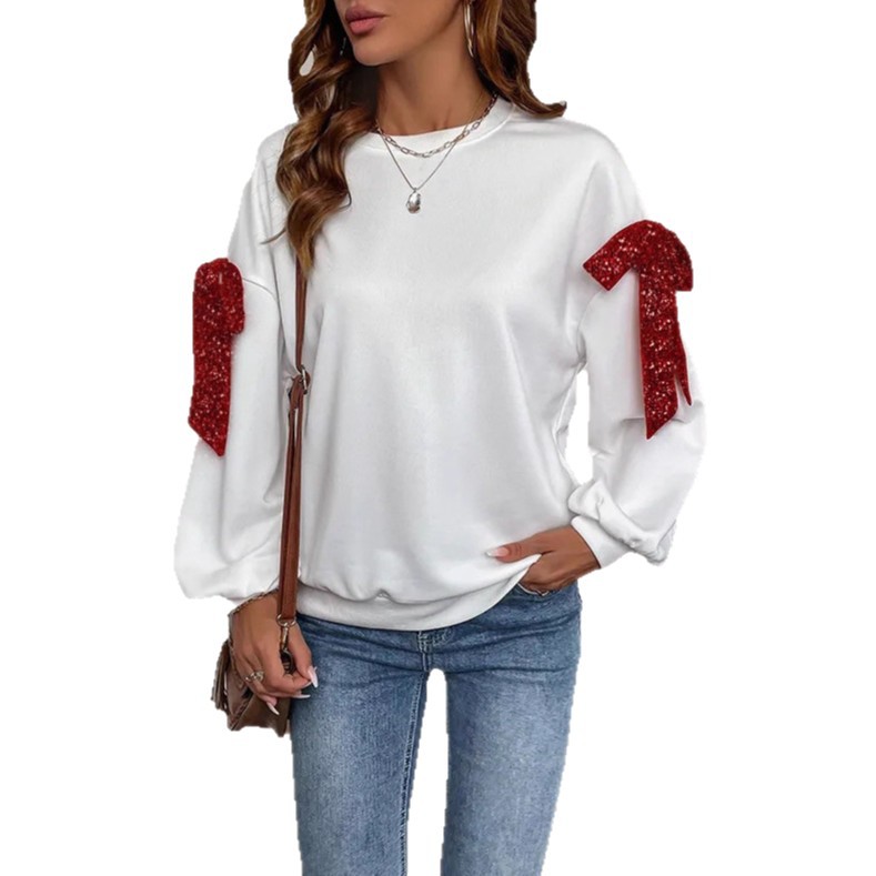 Women's Bow Sequin Long Sleeve Sweatshirt Loose Fit Crewneck Pullover