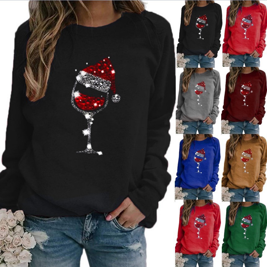 Christmas Wine Glass Print Long Sleeve Crewneck T-Shirt for Women