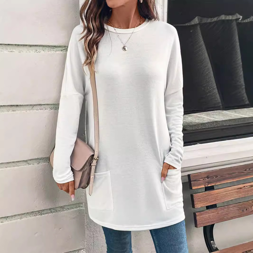 Women's Solid Color Long Sleeve Loose Crewneck Pocket T-Shirt