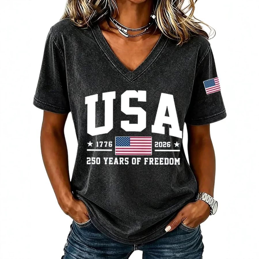 American Flag Print V-Neck Short Sleeve Women's T-Shirt