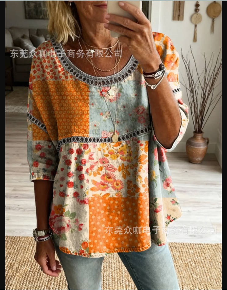 3D Floral Print Crewneck Half-Sleeve Ruched Top