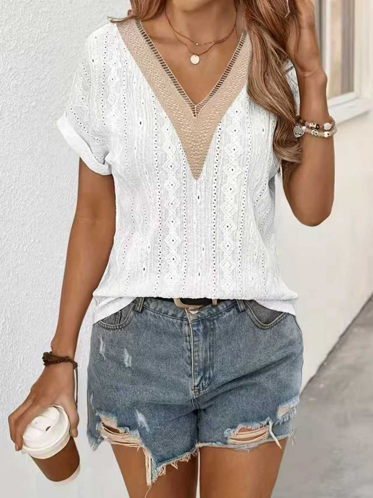 Women's Color-Block V-Neck Hollow-Out Knit Short-Sleeve Top with Rolled Cuffs