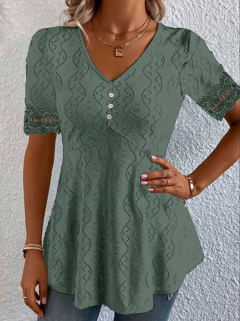 V-Neck Jacquard Lace Hollow-Out Waist-Cinched Short Sleeve Top