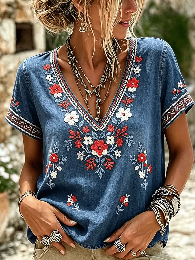 Floral Print V-Neck Short Sleeve Women's T-Shirt