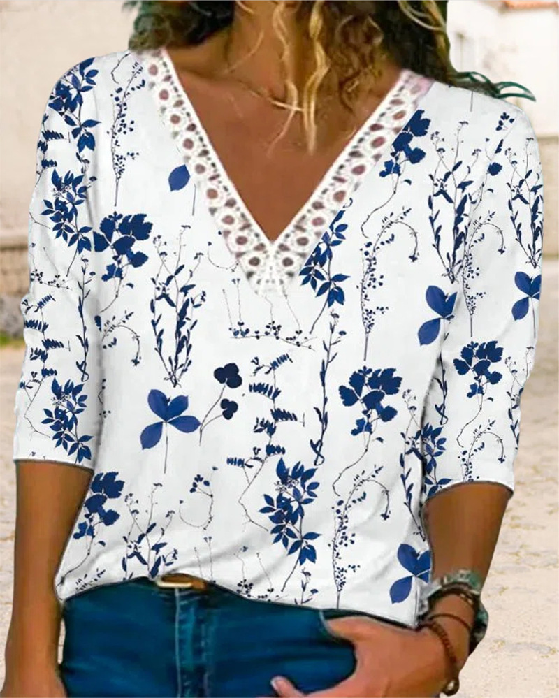 Women's Lace V-Neck Floral Print Loose Fit Long Sleeve T-Shirt