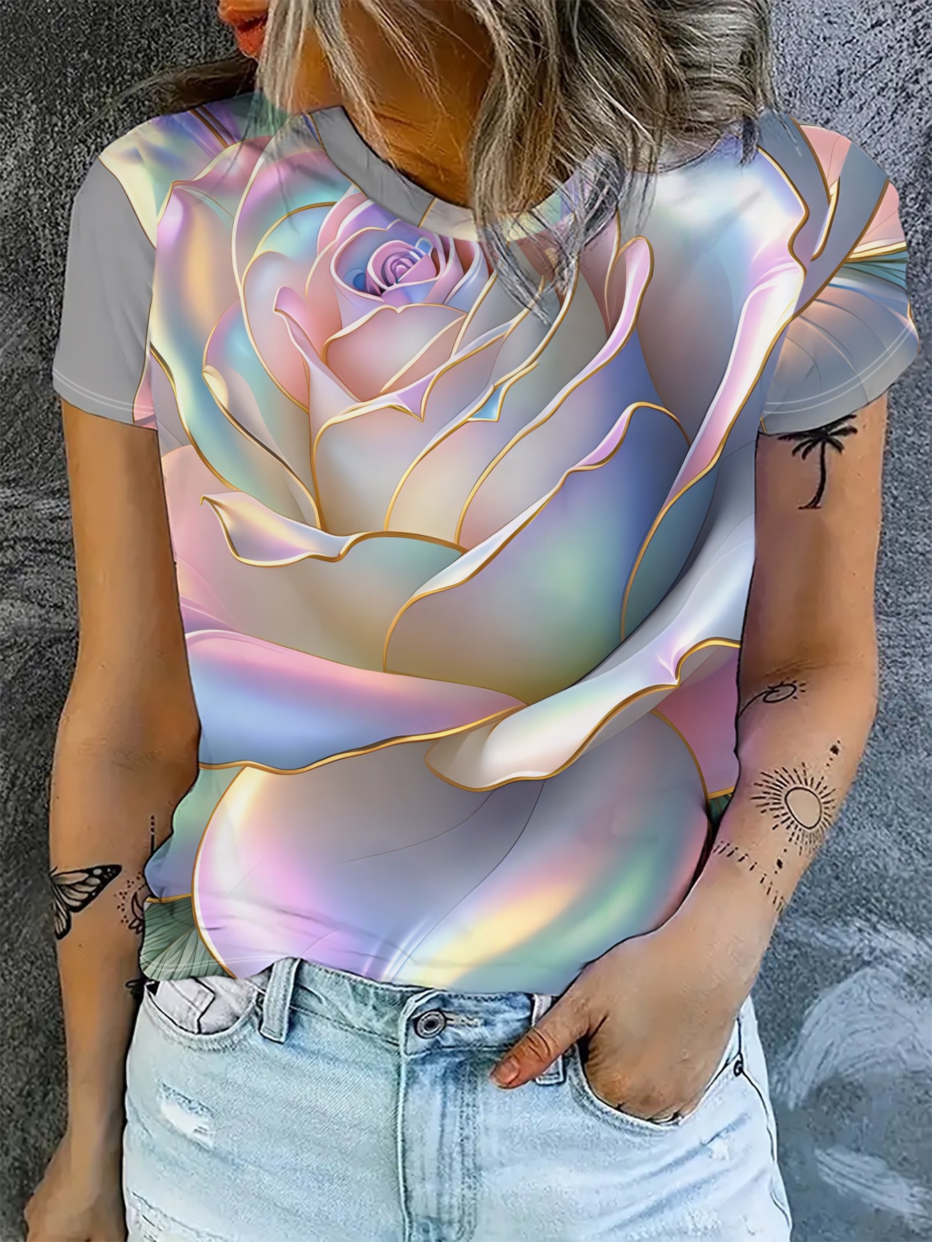 Women's Summer Crewneck Short Sleeve T-Shirt with Independence Day Print, Loose Fit