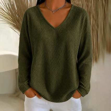 Women's Waffle Knit V-Neck Long Sleeve Loose Fit Solid Color T-Shirt