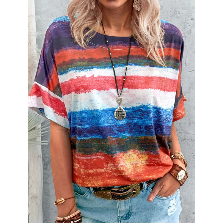 Women's Loose Fit Short Sleeve Printed Round Neck T-Shirt