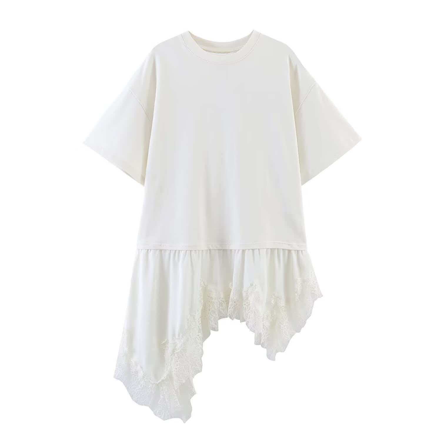 Women's Asymmetrical Lace Spliced Short-Sleeve T-Shirt