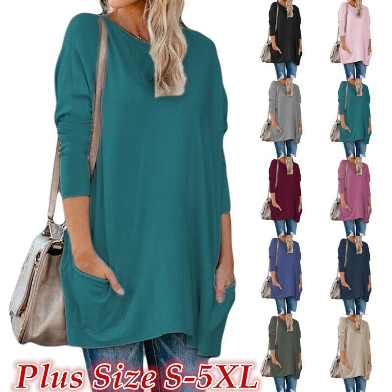 Women's Crewneck Long-Sleeve Pocket T-Shirt Plus Size