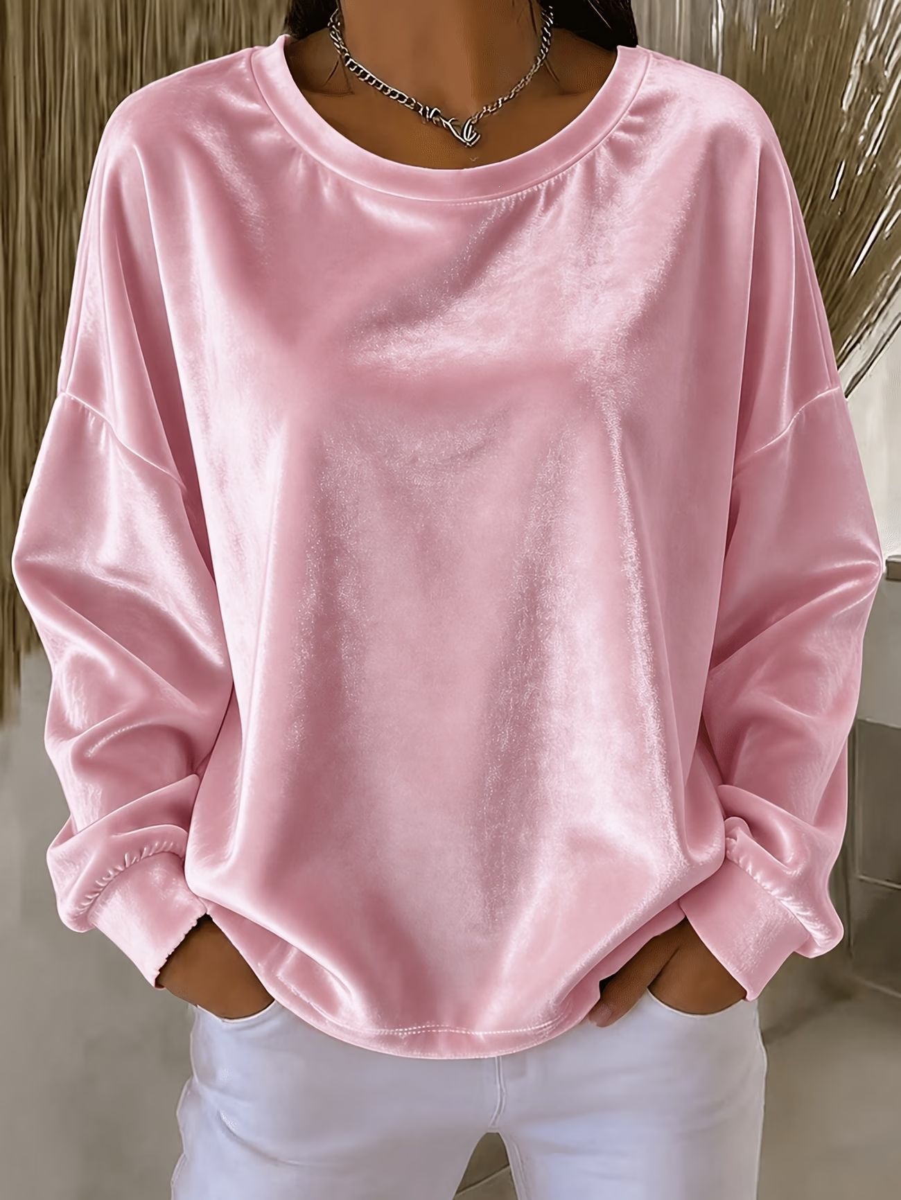 Women's Velvet Long Sleeve Crewneck T-Shirt Solid Color Loose Fit