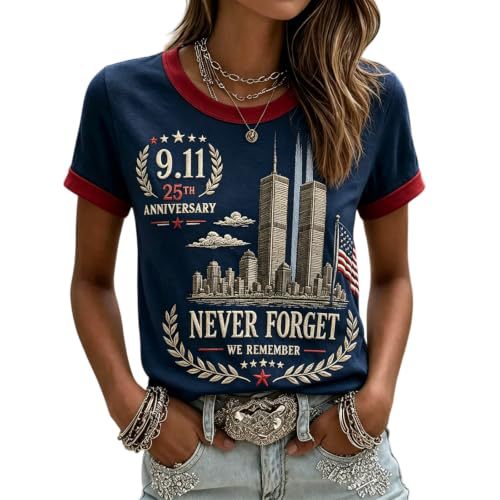911 Twin Towers Ribbon Flag Print Short Sleeve T-Shirt