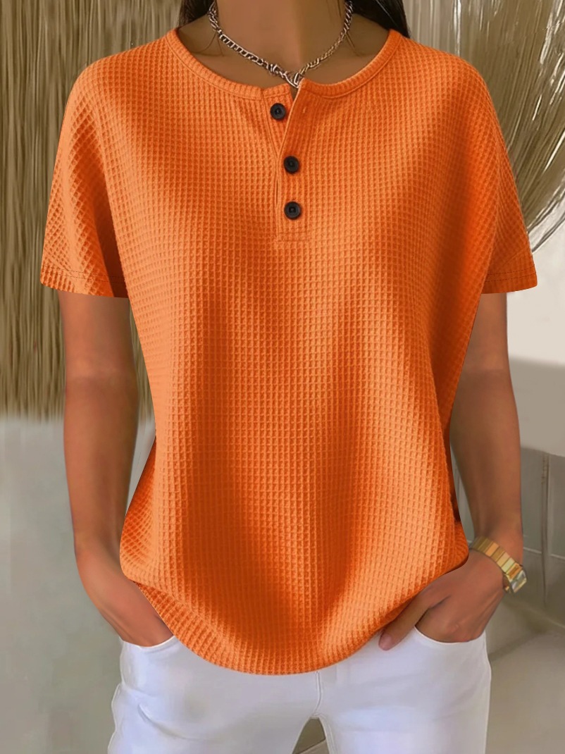 Waffle Knit Crewneck Short Sleeve Pullover Top
