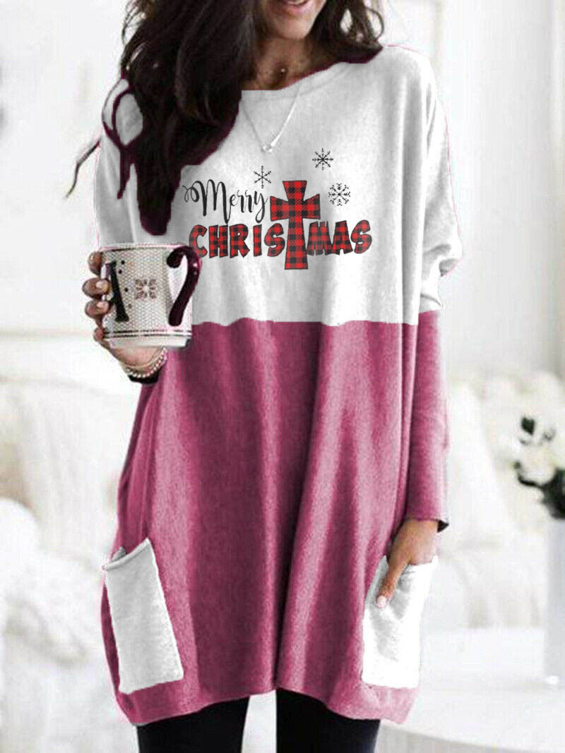 Women's Long Sleeve Color Block Pocket Loose Crewneck T-Shirt