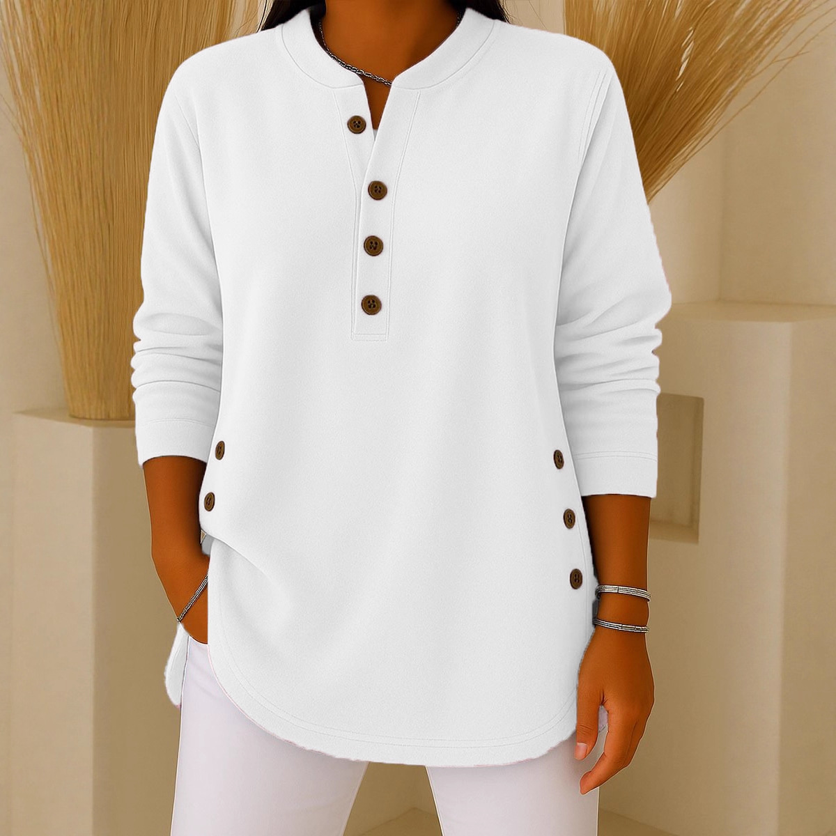 Women's V-Neck Button Knit Long Sleeve Top