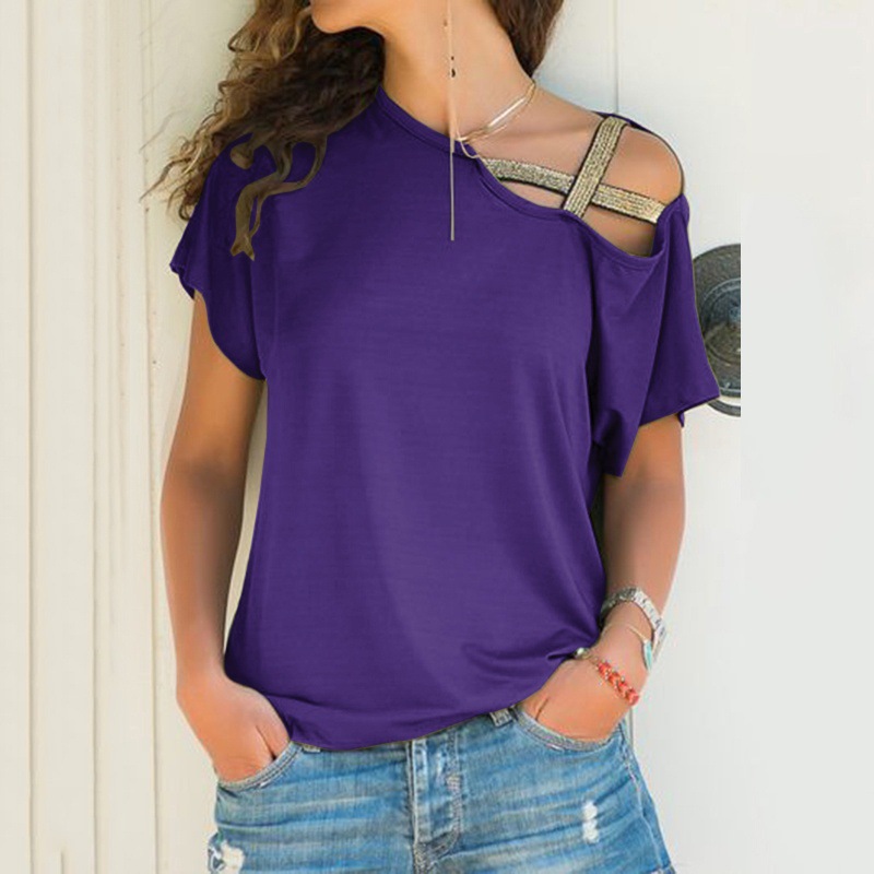 Women's Casual One-Shoulder Cross Irregular Short Sleeve T-Shirt