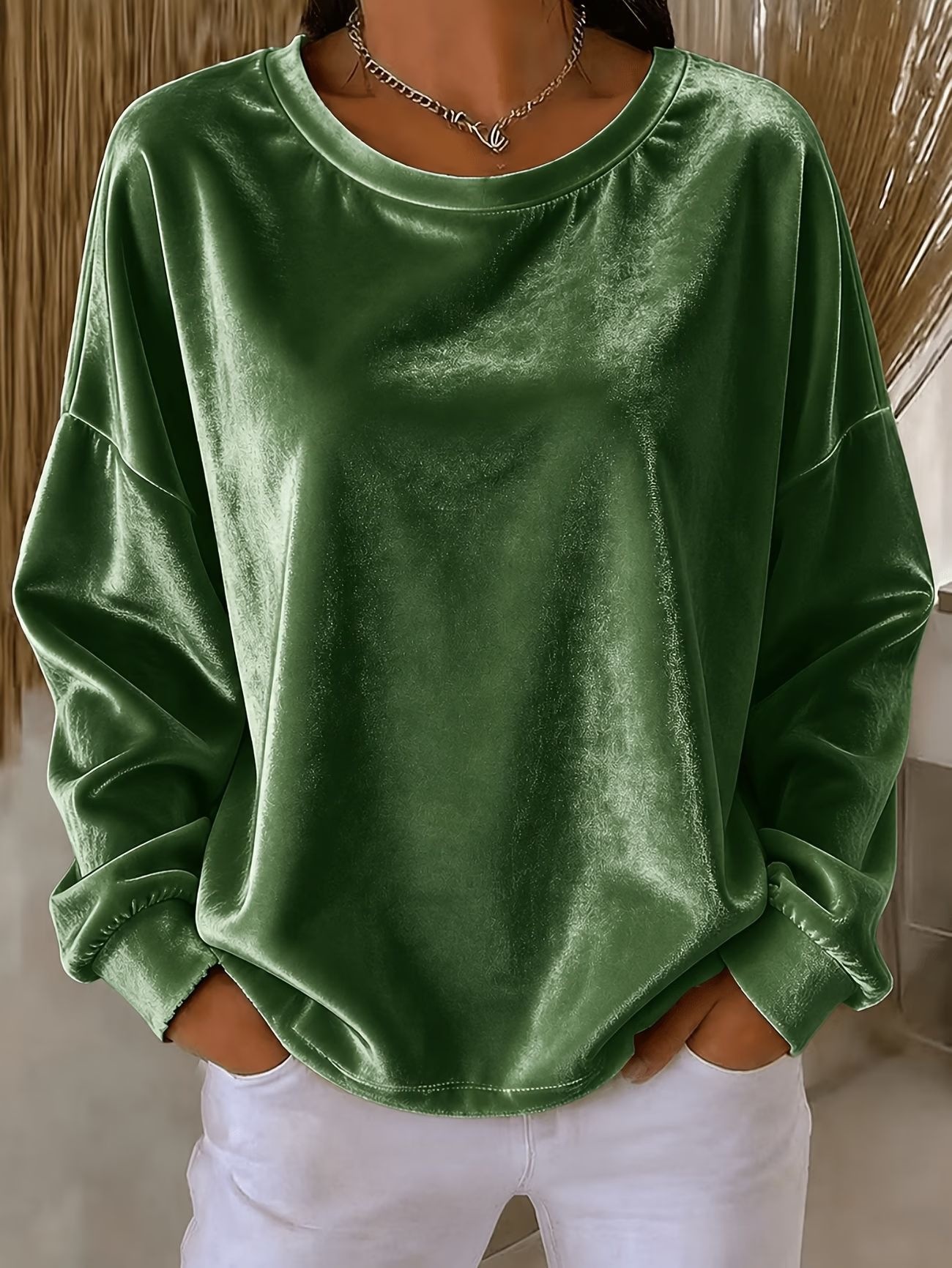 Women's Velvet Long Sleeve Crewneck T-Shirt Solid Color Loose Fit