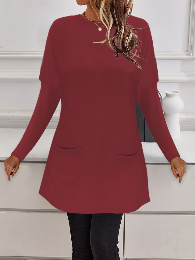 Women's Crewneck Long Sleeve Pocket Loose Casual Top T-Shirt