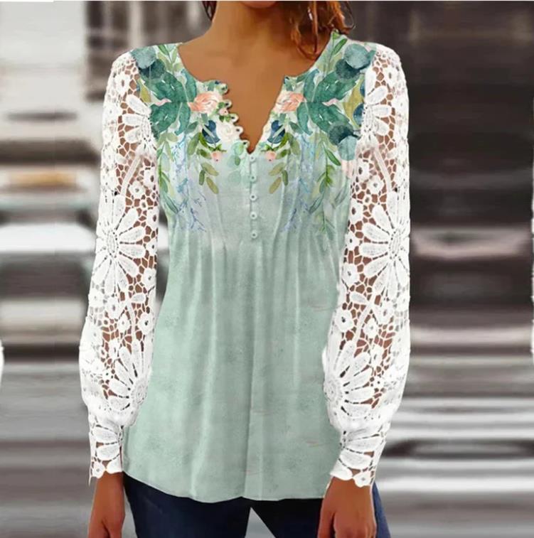 Women's Lace Long Sleeve V-Neck T-Shirt