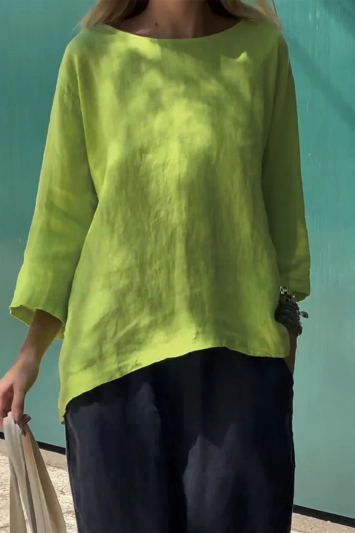 Women's 3/4 Sleeve Crewneck Cotton Linen Loose Shirt Top