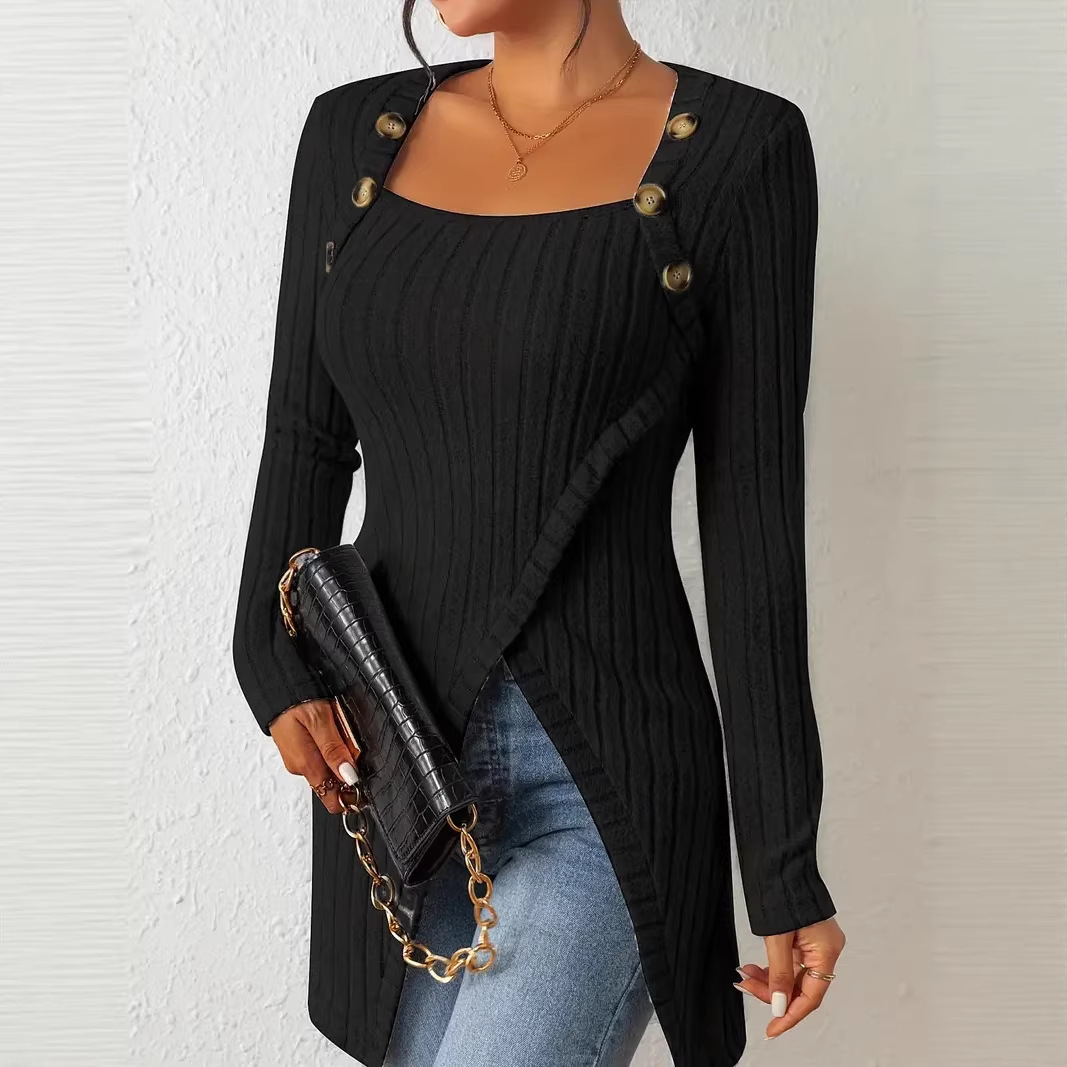 Women's Slim Fit Knit Button-Detail Slit Hem T-Shirt