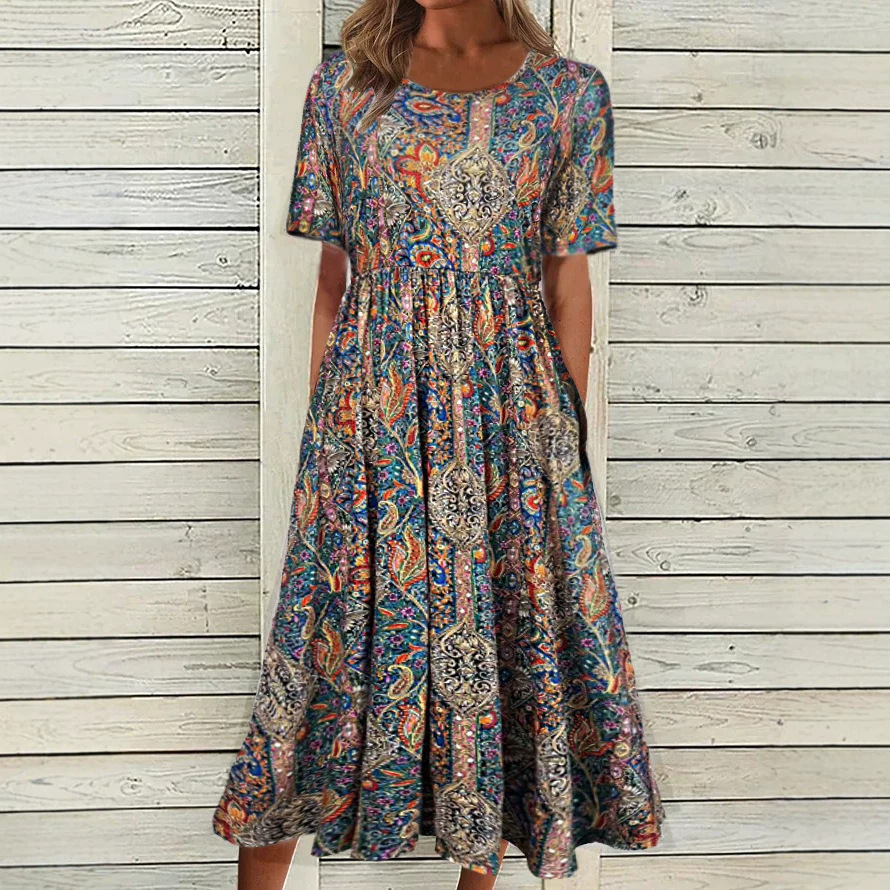 Women's Boho Floral Print Short Sleeve Midi Dress