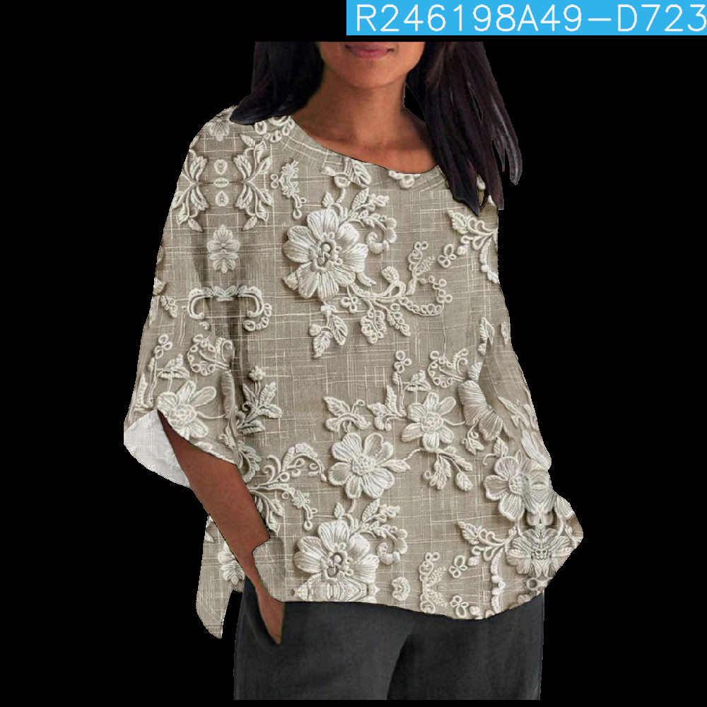 Women's Floral Petal Print Mid-Sleeve Casual Top