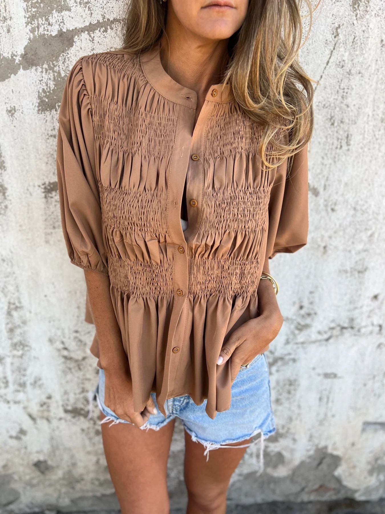 Women's Solid Crewneck Button-Down Smocked Short-Sleeve Blouse