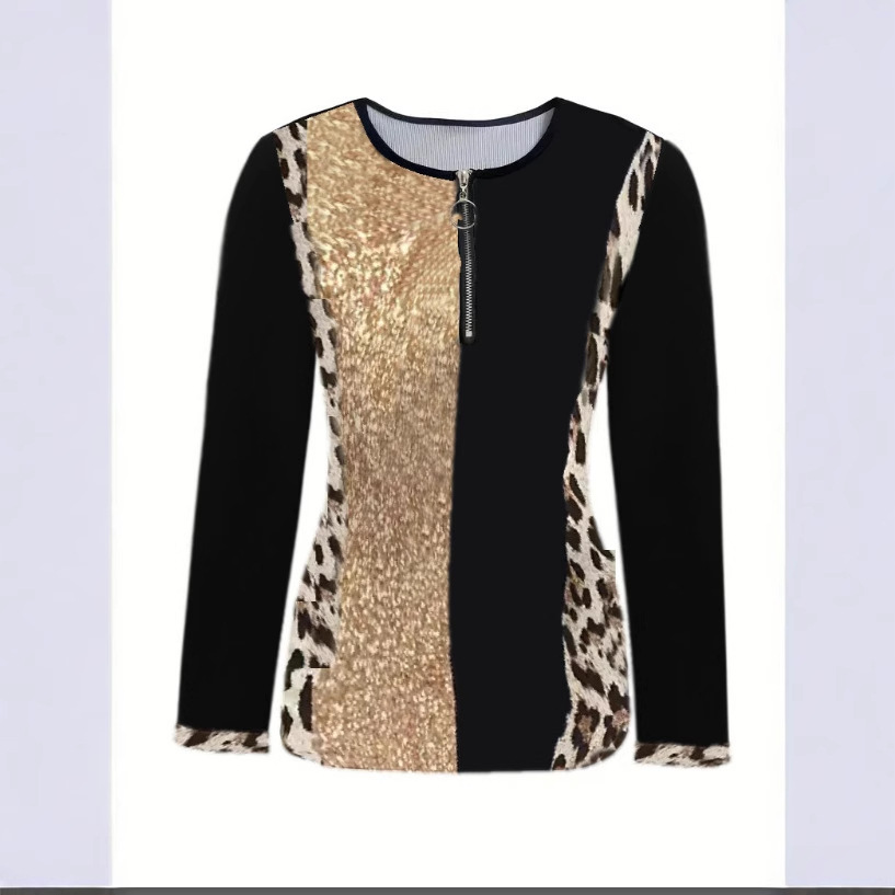 Leopard Print Mesh Panel Long Sleeve Round Neck Slim Fit Women's Top