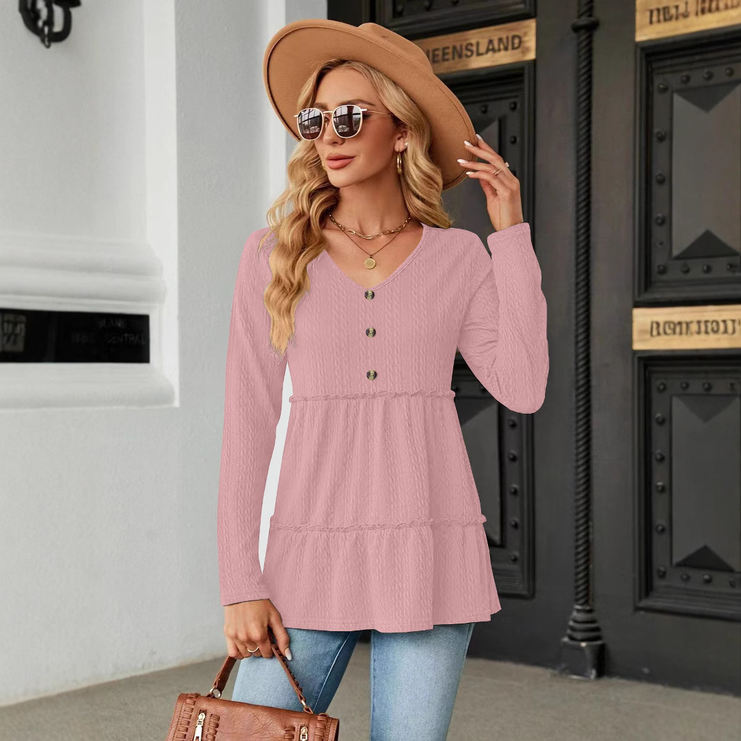 Solid V-Neck Buttoned Loose Long-Sleeve T-Shirt Top