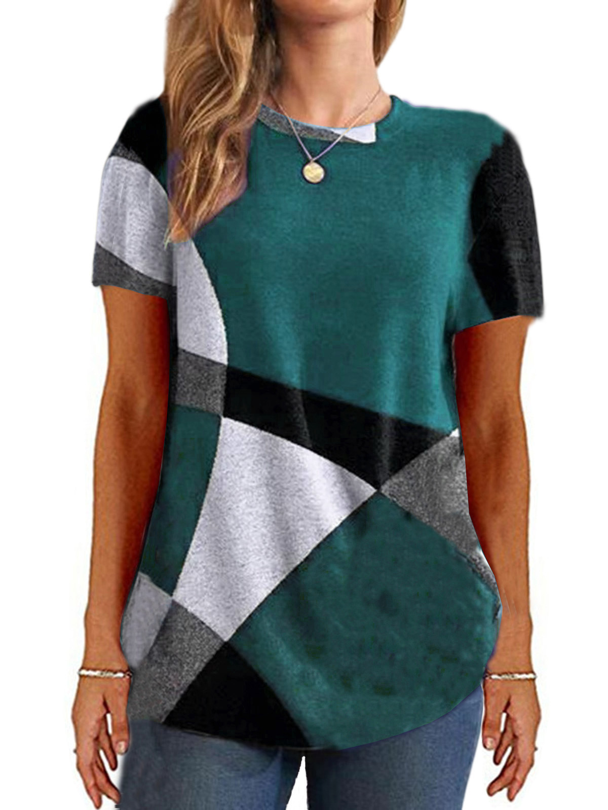 Button Geometric Colorblock Long Sleeve Print Loose T-Shirt Women's Top