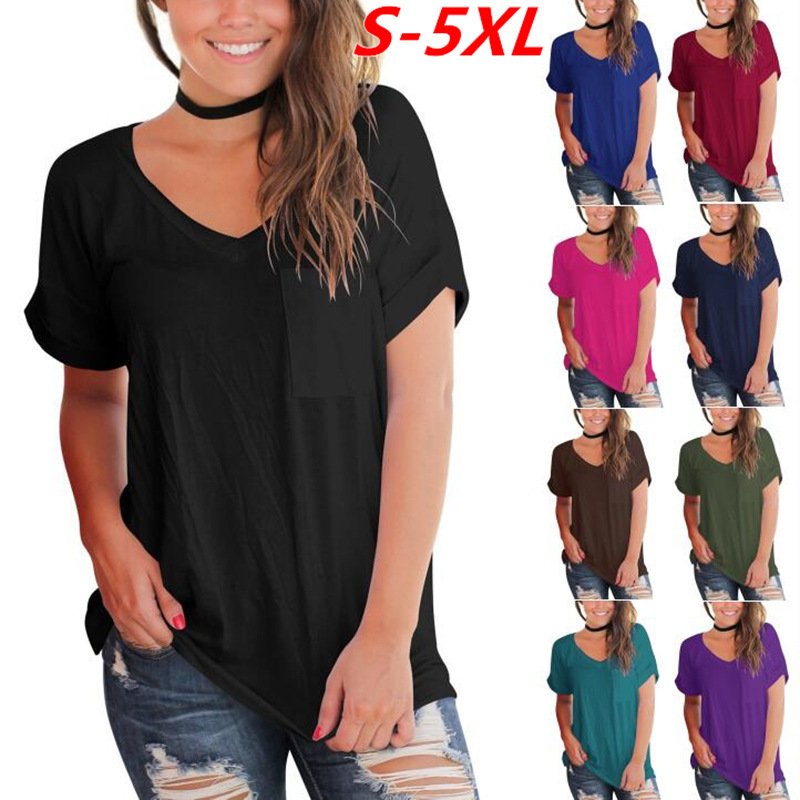 Women's Knit Short Sleeve V-Neck T-Shirt Solid Color Loose Fit