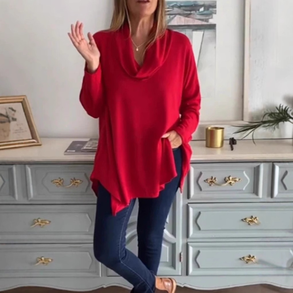 Women's Solid Color Cowl Neck Long Sleeve Top