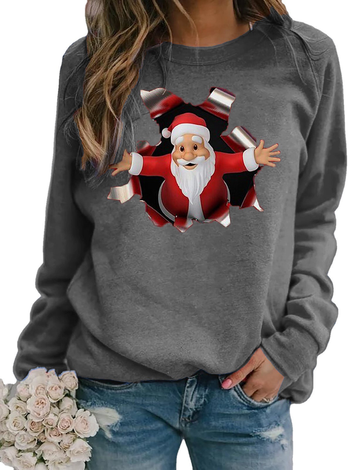 Santa Print Long-Sleeve Crewneck Brushed T-Shirt for Women