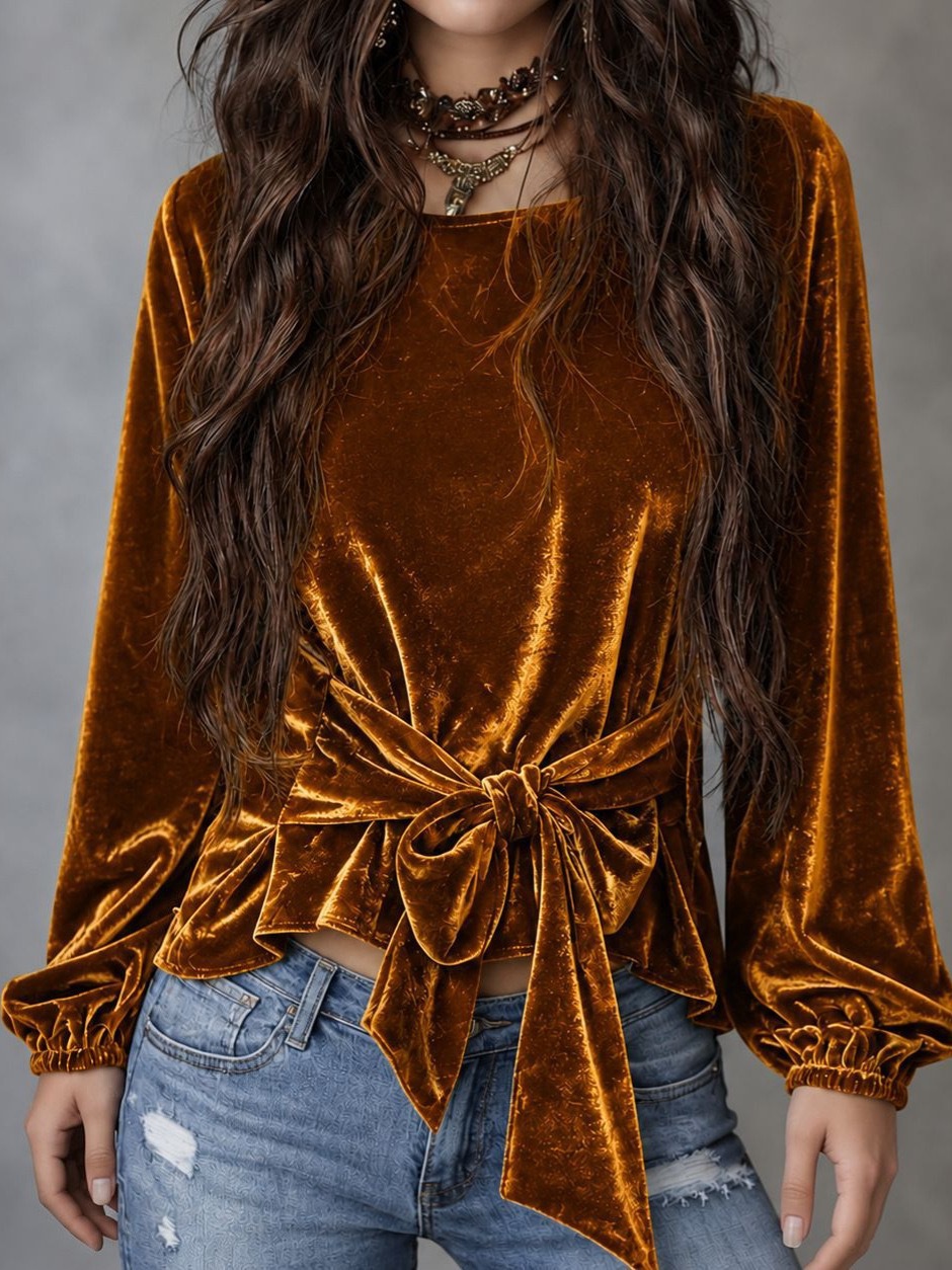 Women's Velvet Long-Sleeve Tie-Bow Slim Fit Top