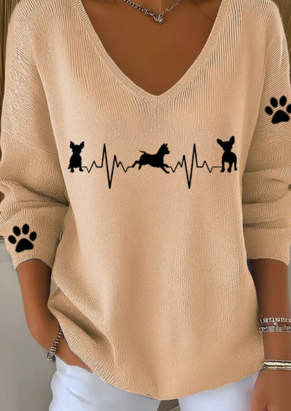 Women's V-Neck Long Sleeve T-Shirt with Animal & Plant Digital Print
