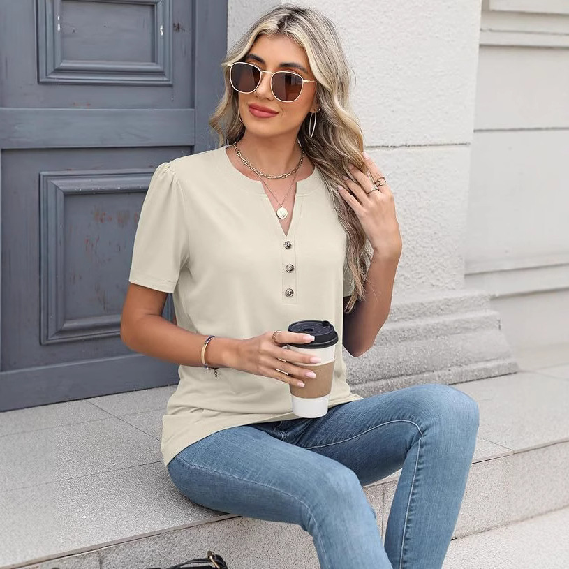 V-Neck Button-Down Short Sleeve Solid Shirt