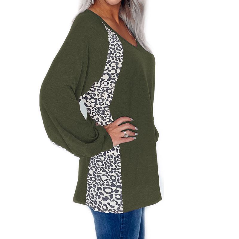 Women's Leopard Colorblock V-Neck Loose Long-Sleeve Pullover T-Shirt
