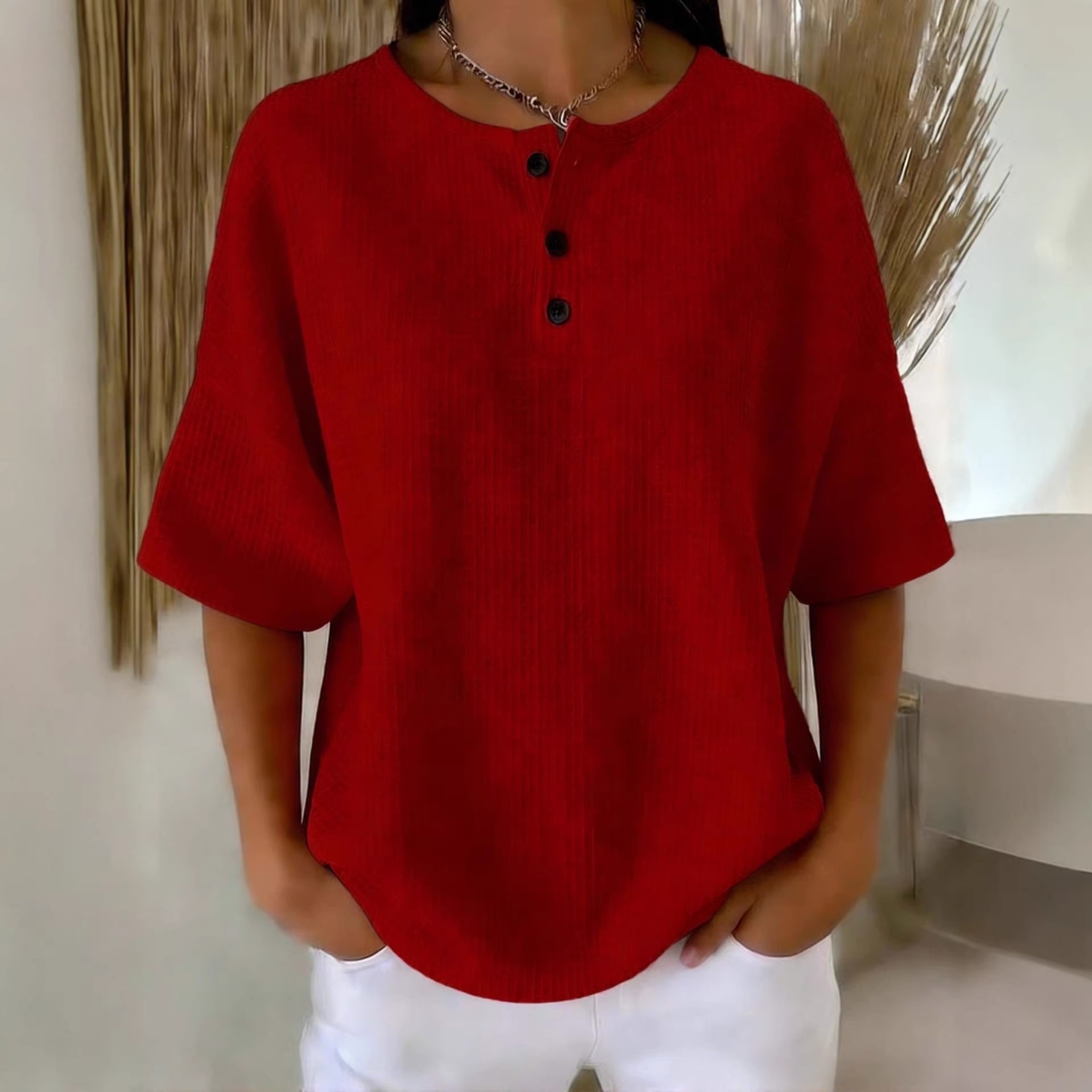 Waffle Knit Crewneck Short Sleeve Pullover Top