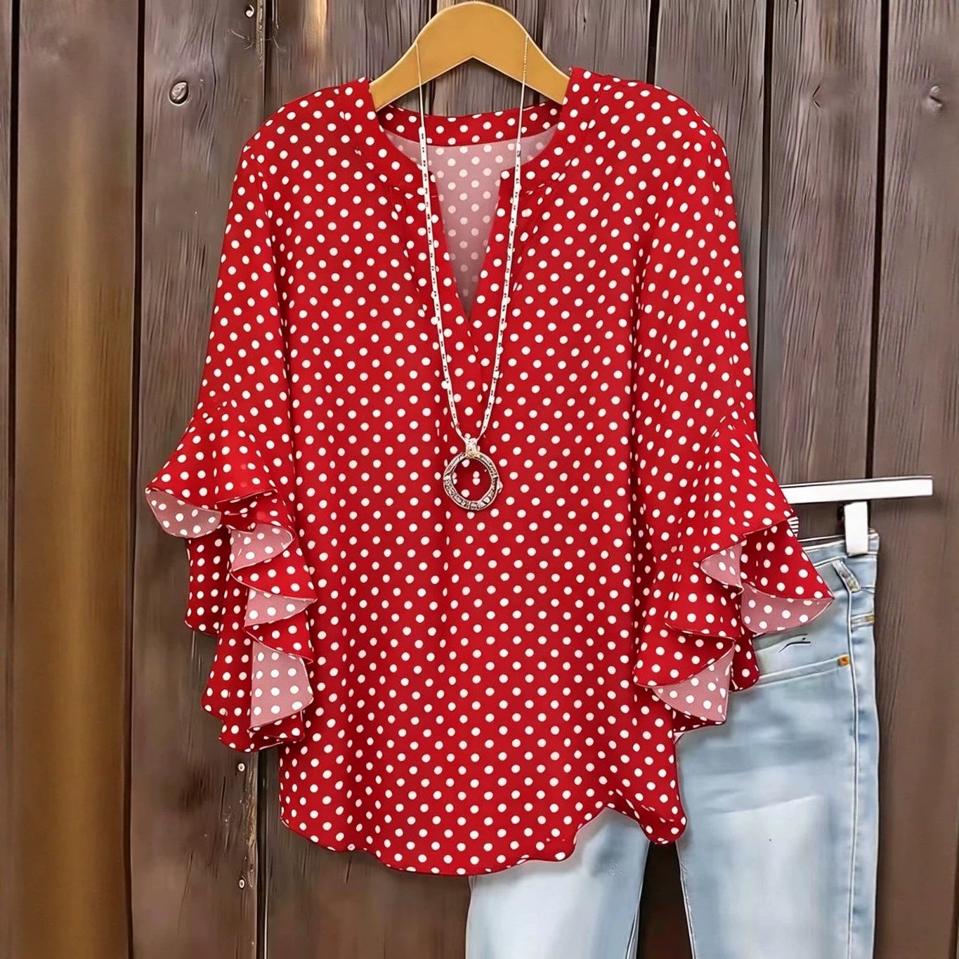 Polka Dot Print V-Neck Half-Sleeve Women's T-Shirt