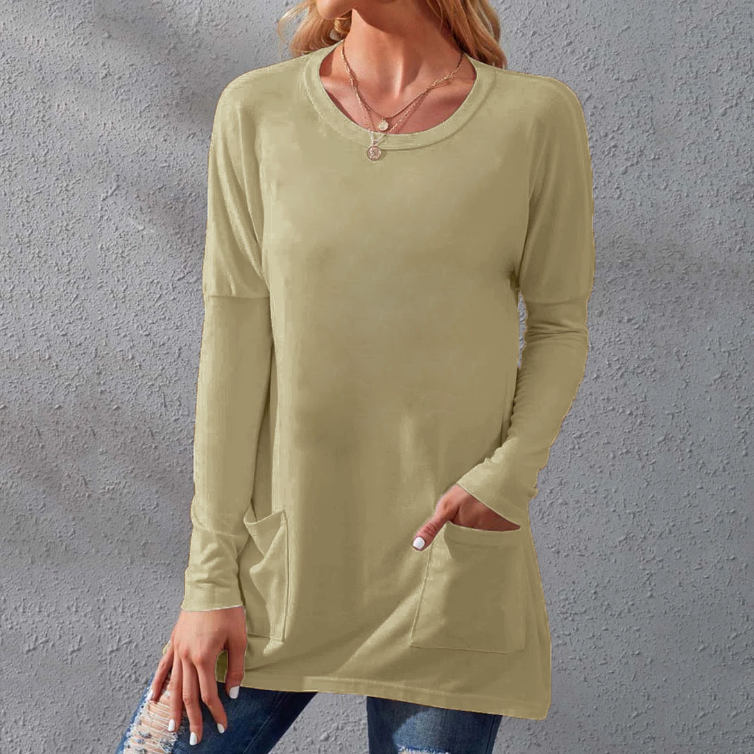 Women's Loose Fit Crewneck Short Sleeve Pocket Solid Midi T-Shirt