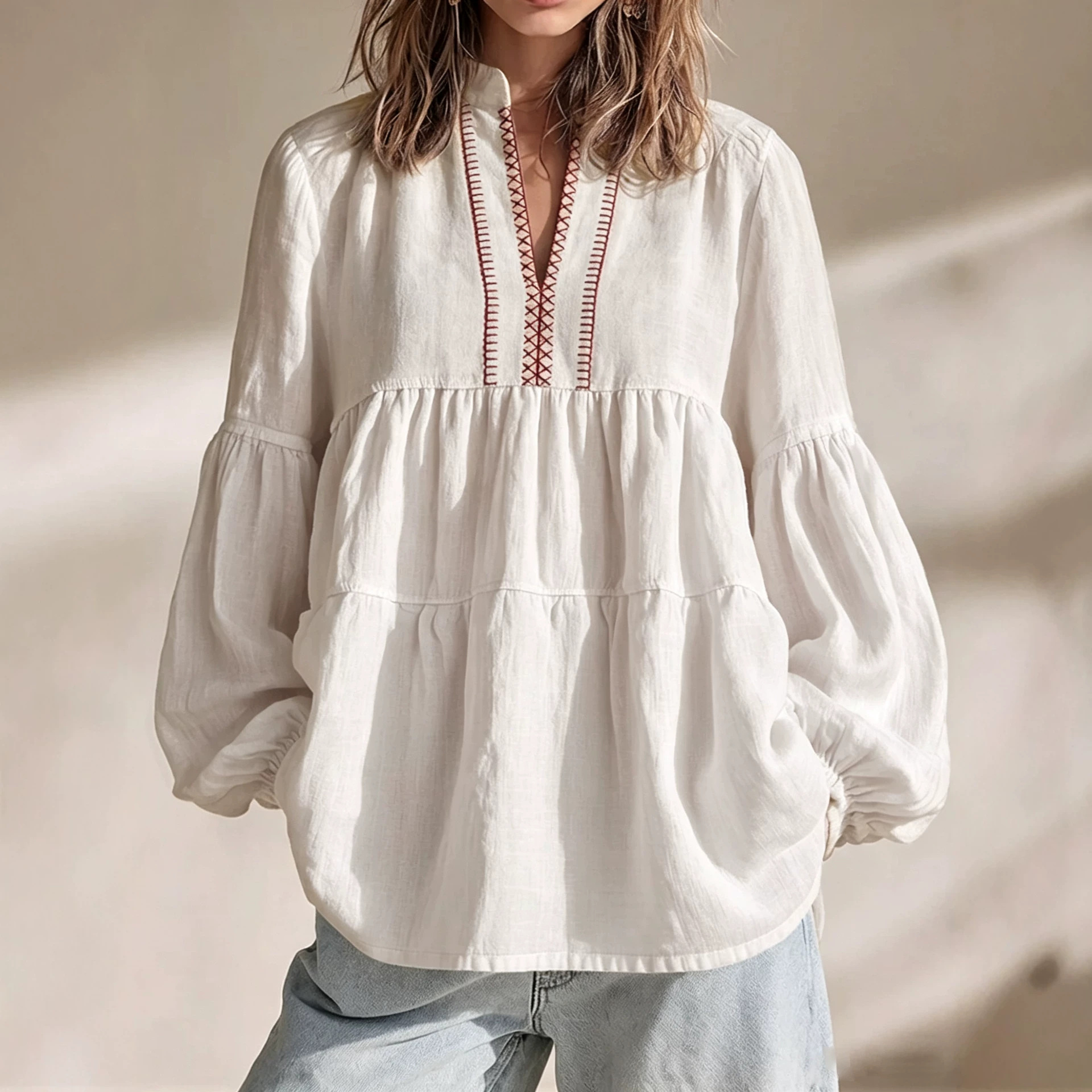 Boho Floral Print Stand Collar Pleated Loose Long Sleeve Top