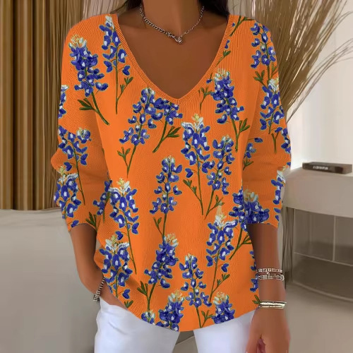 Women's Fruit Letter Valley Print V-Neck Long-Sleeve T-Shirt