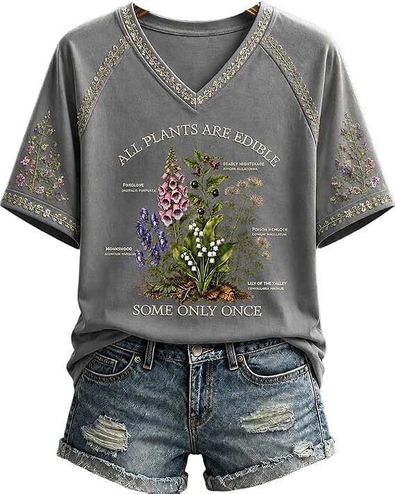 Retro Poisonous Plant Graphic Print Short Sleeve Tee for Women